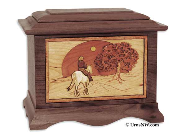 Wood Urn with Horse and Cowboy Inlay