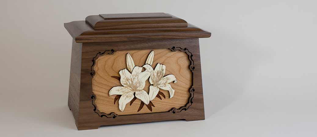 Lily cremation urn with wood art carvings
