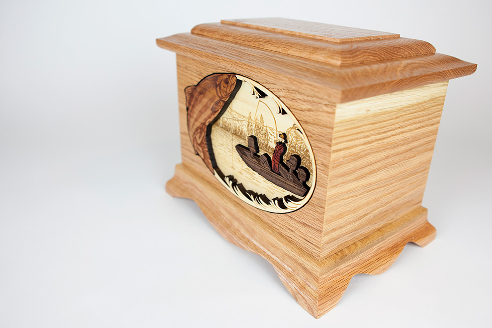 Oak wood memorial cremation urn for fisherman