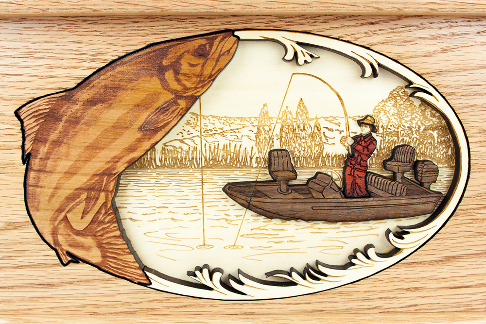 Wood art cremation urn inlay scene