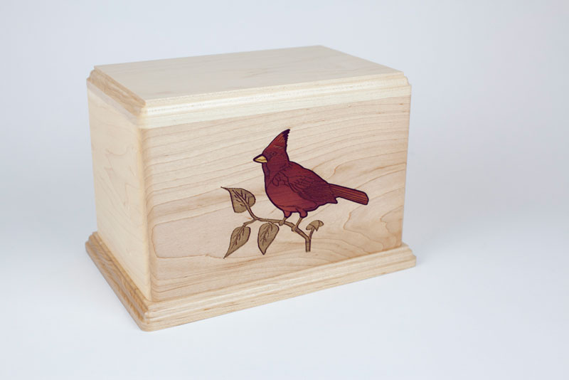 Wood Cremation Urn with Cardinal Bird