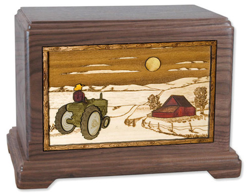 Wood Cremation Urn with Tractor