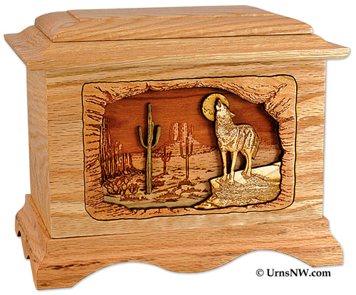 Oak Wood Urn with Desert Coyote