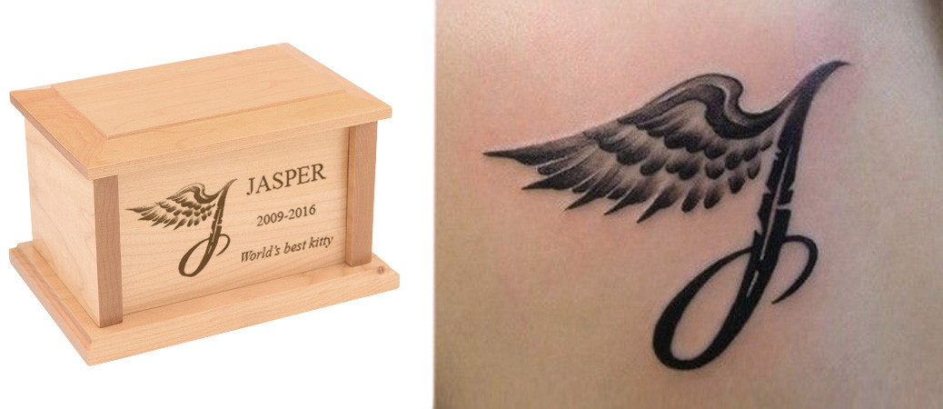 Memorial tattoo and matching cremation urn