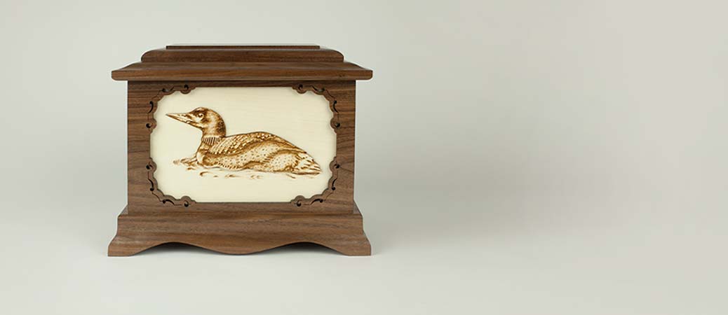 Wood Cremation Urn with Loon Bird Art