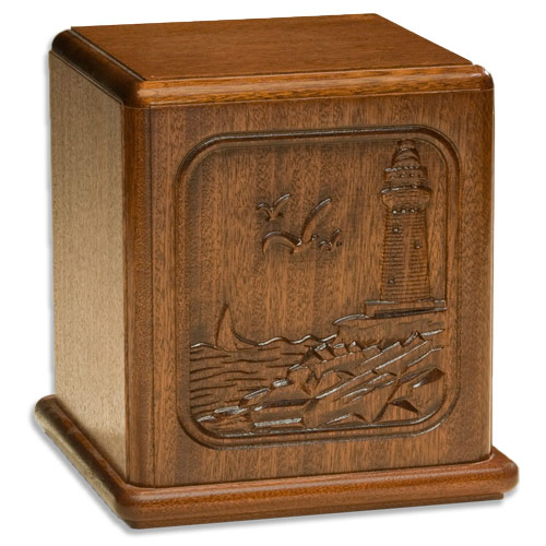 Relief Carved Lighthouse Wood Cremation Urn