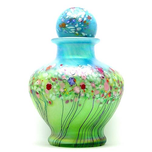 Hand Blown Green Glass Cremation Urn with Meadow Artwork