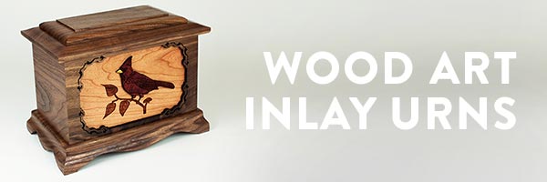 Beautiful hardwood funeral urns with inlay art scenes
