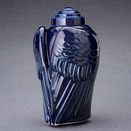 Blue Ceramic Cremation Urn with Angel Wings
