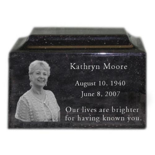 Black granite urn engraved with photo