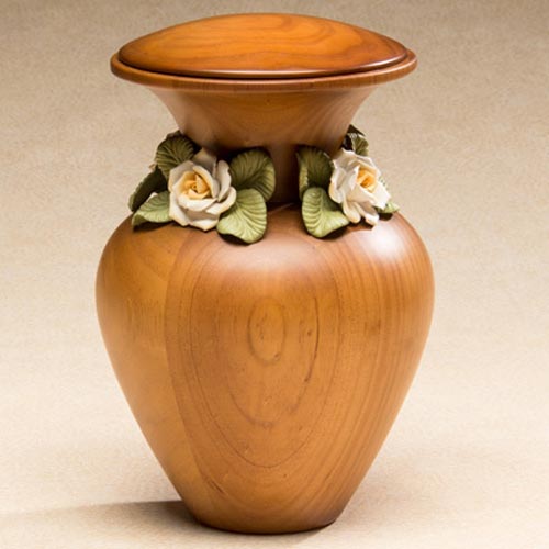 Wood Urn with Ceramic Roses