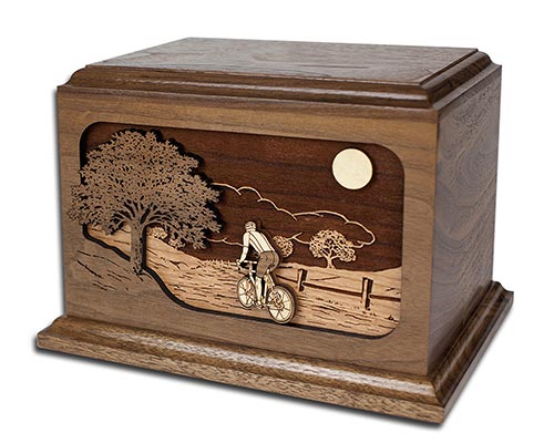 3D inlay art urn with bicycle theme