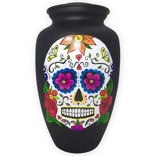 Sugar skull themed cremation urn