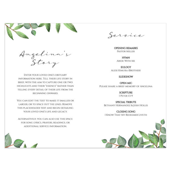 Leafy Green Accents Funeral Programme