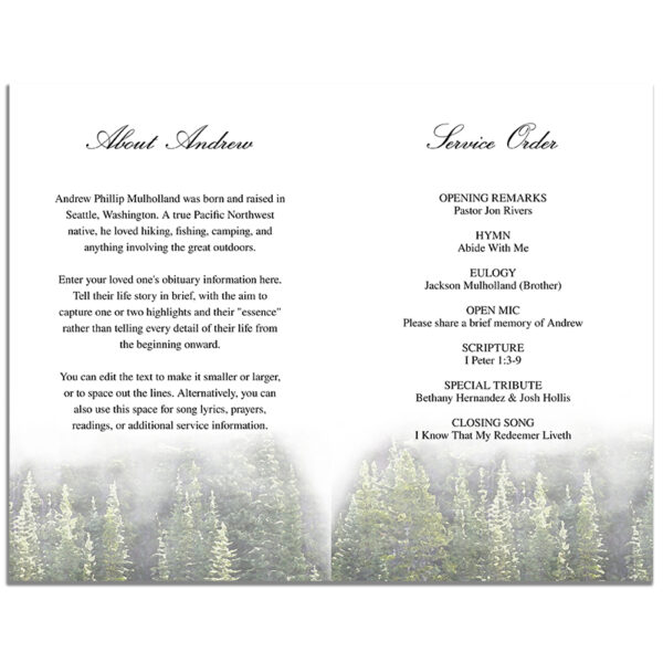 Evergreen Trees Four Page Funeral Program Template