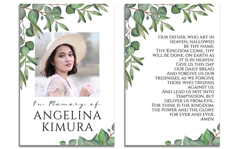 Funeral Prayer Card Templates: Green Funeral Prayer Card