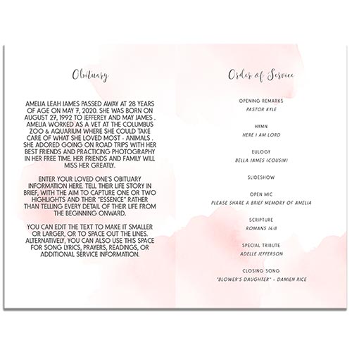 Page One of the 8 Paged Blush Funeral Program Template