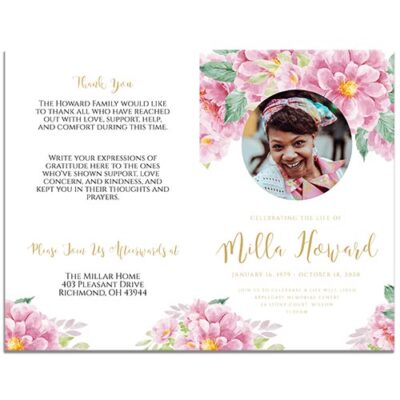 Front & Back Sides of the 8 Paged Dusty Fleur Funeral Program Template