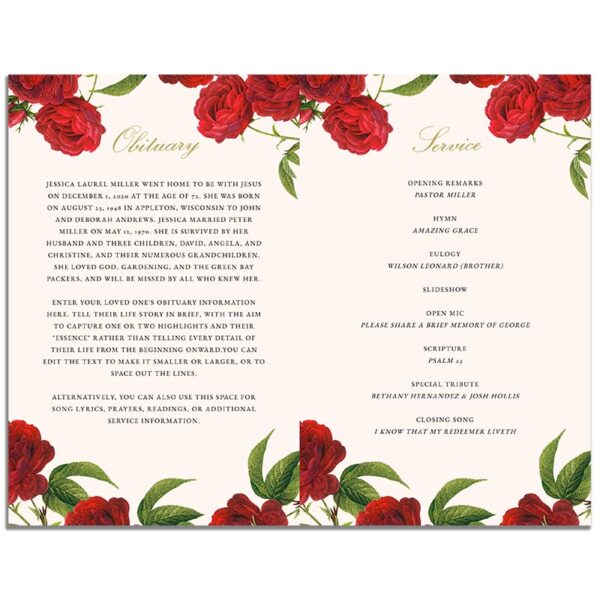 Page 1 of the Vintage Rose 8 Page Funeral Program Template