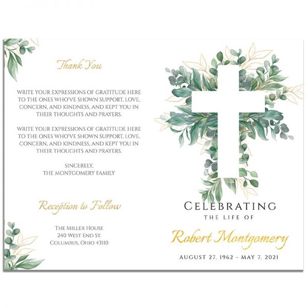 Front and Back Side of 8 Page Funeral Program Template: Cross Leaves