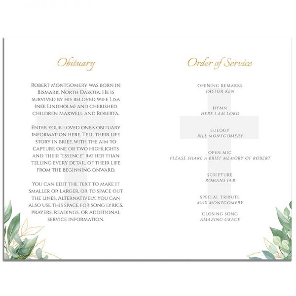 First Page of 8 Page Funeral Program Template: Cross Leaves