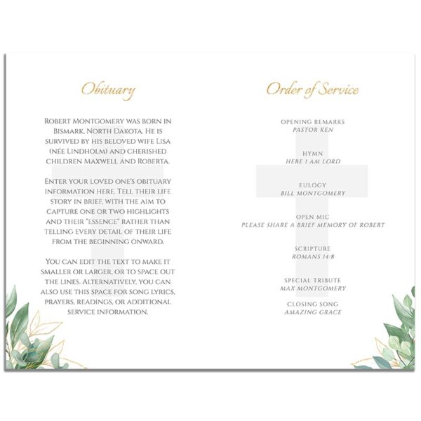 First Page of 8 Page Funeral Program Template: Cross Leaves