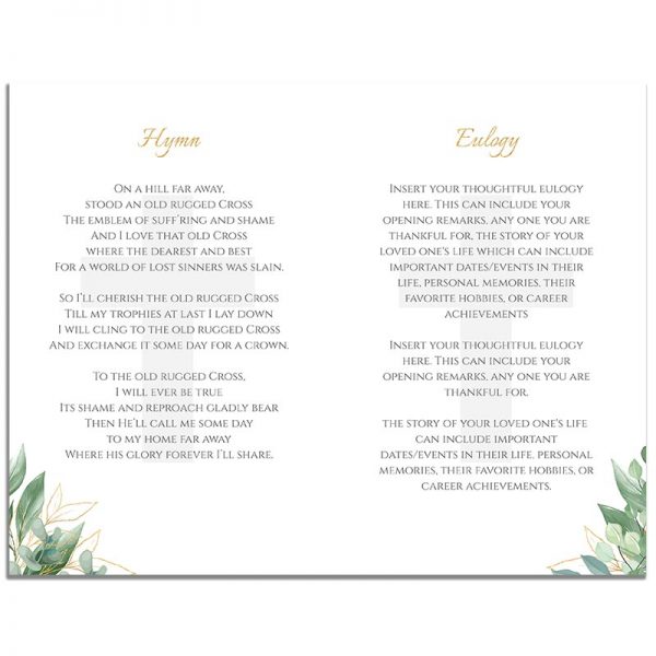 Page Two of 8 Page Funeral Program Template: Cross Leaves