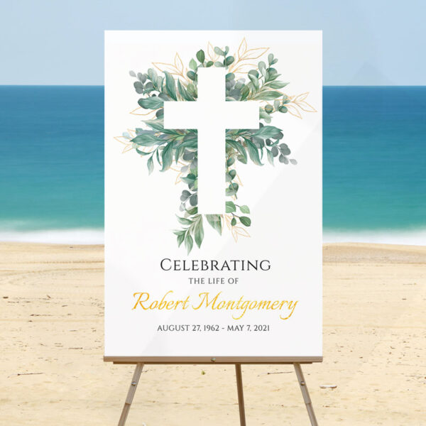 Funeral Welcome Sign Template: Cross and Leaves