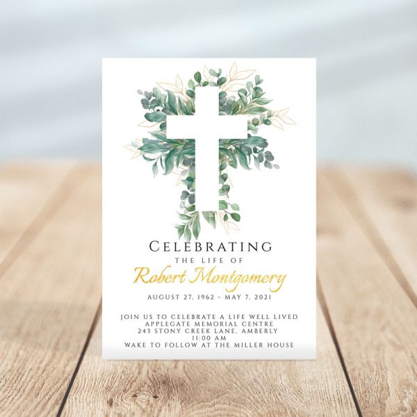 Funeral Invitation Template: Cross and Leaves
