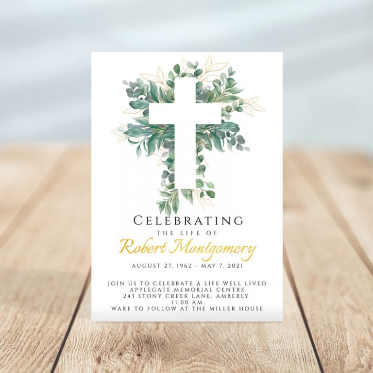 Cross & Leaves Funeral Invitation » Urns Online