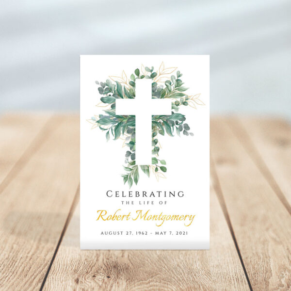 Personalized Cross and Leaves Funeral Prayer Card