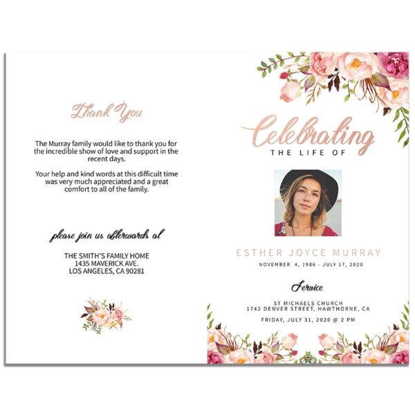 Front and Back Sides of 8 Page Funeral Program Template: Gentle Florals Life Celebration