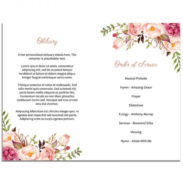 Page One of 8 Page Funeral Program Template: Gentle Florals Life Celebration