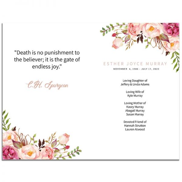 Page Three of 8 Page Funeral Program Template: Gentle Florals Life Celebration