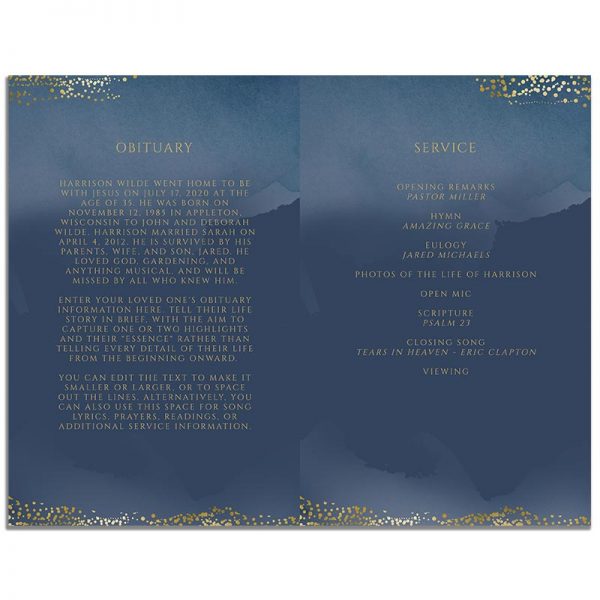 Inside Pages of Funeral Program Template: Navy and Gold