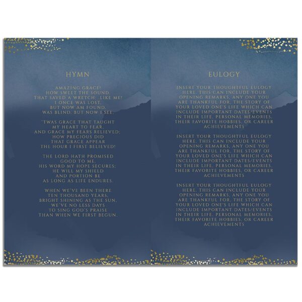 Page Two of 8 Page Funeral Program Template: Navy Gold