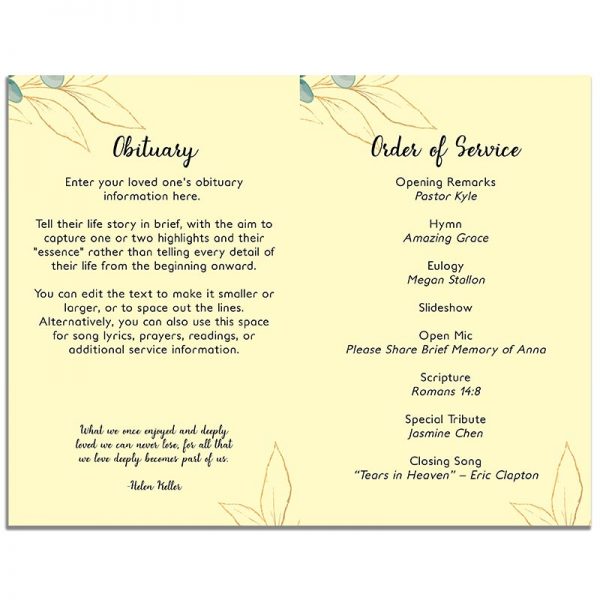 Inside Pages of Funeral Program Template: Soft Light
