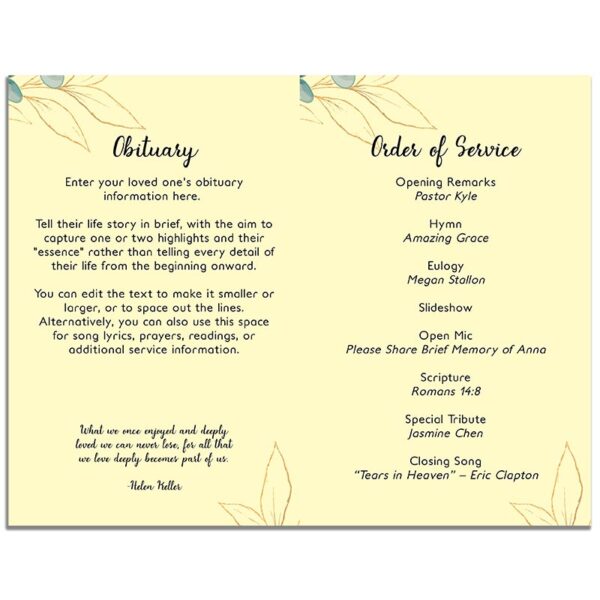 Inside Pages of Funeral Program Template: Soft Light