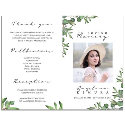 Front & Back Sides of 8 Page Funeral Program Template: Timeless Green