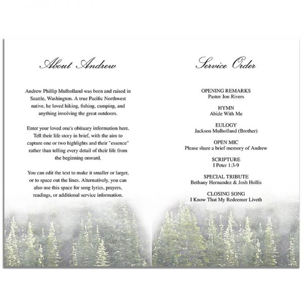 Evergreen Trees 8 Page Funeral Program - First Page