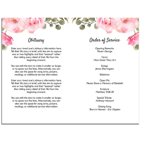 Pink Floral Simple Funeral Program - Inside Pages