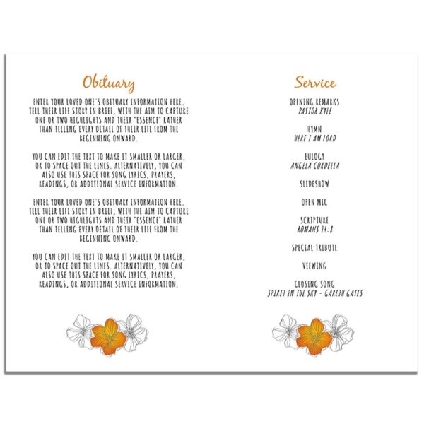 Orange Floral Funeral Program 4 Page Template – Inside