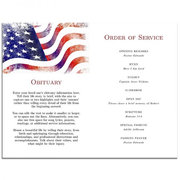 Patriotic Military Veteran Funeral Program 4 Page Template – Inside