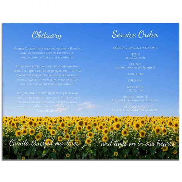 Sunflower Fields Funeral Program 4 Page Template – Inside