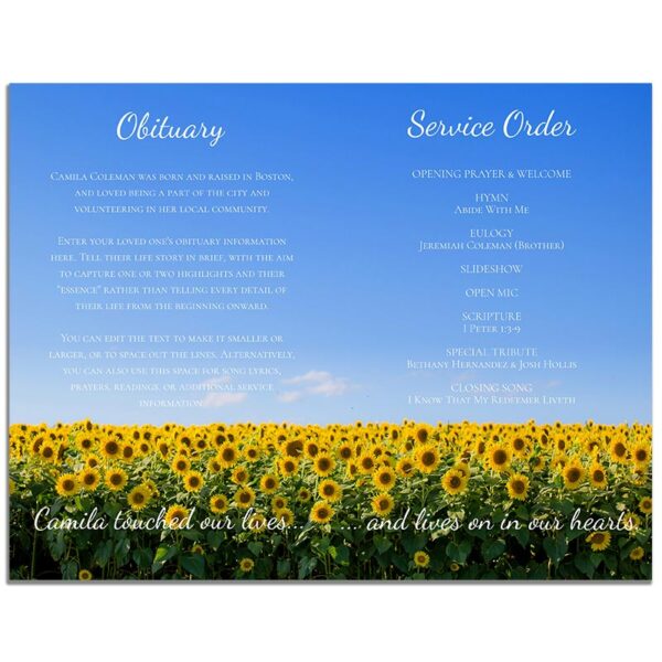 Sunflower Fields Funeral Program 4 Page Template – Inside