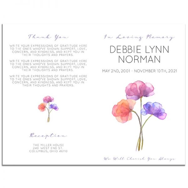 Watercolor Florals Funeral Program 4 Page Template – Front and Back