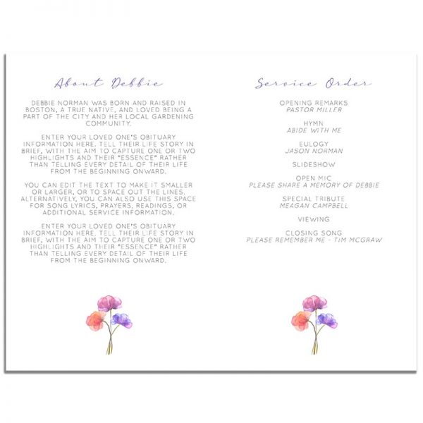 Watercolor Florals Funeral Program 4 Page Template – Inside