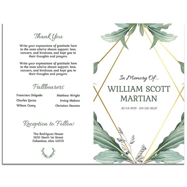 Font and Back Pages of Botanical 4 Page Funeral Program