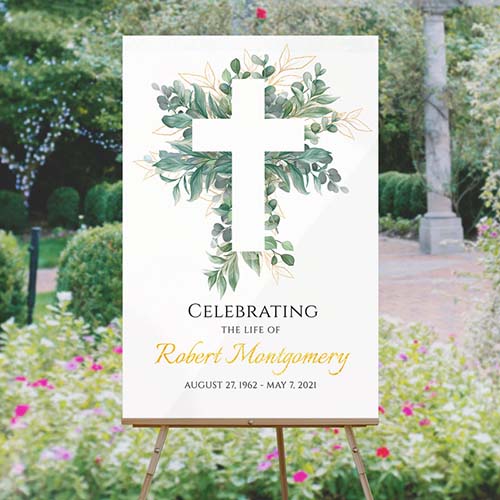 Cross & Leaves Funeral Welcome Sign Template