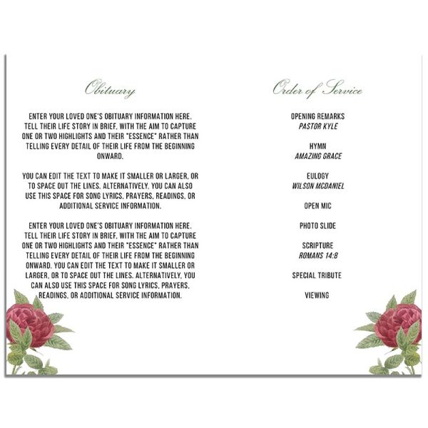Inside Pages - "In Loving Memory" Floral 4 Page Funeral Program Template